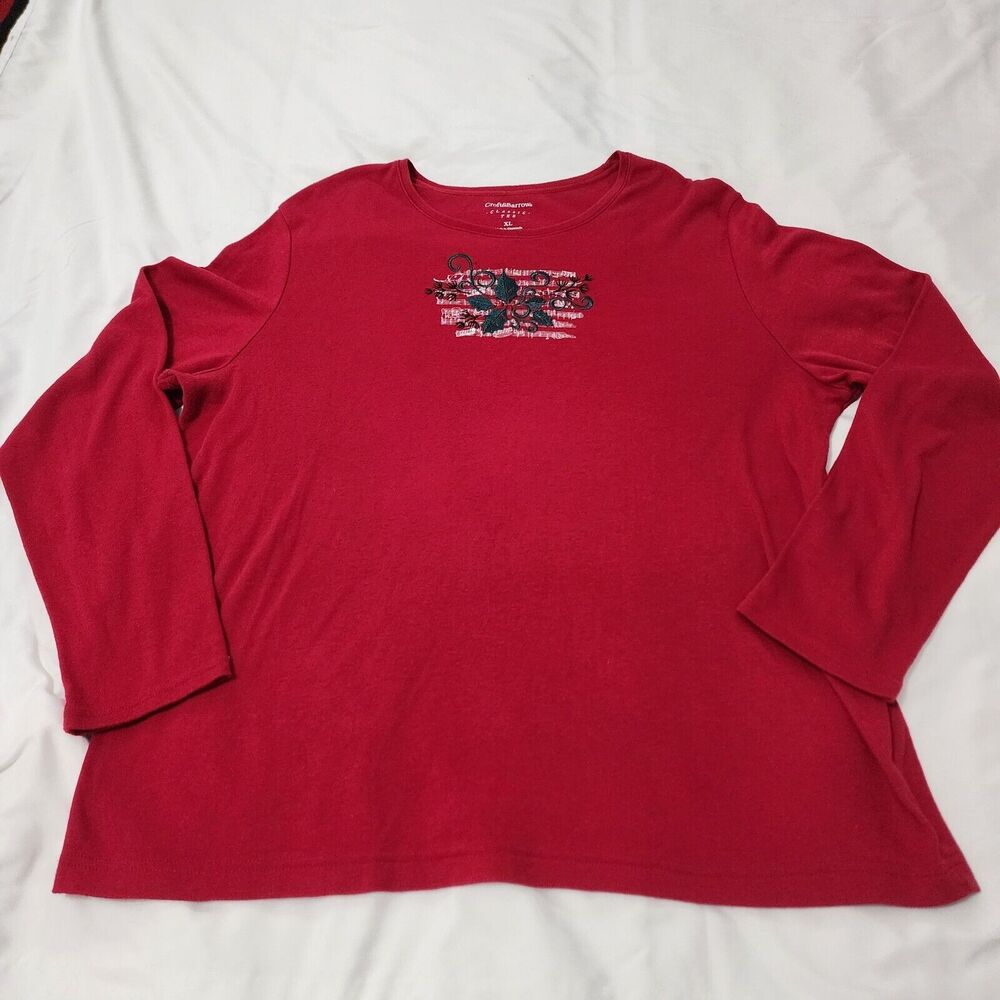 Croft & Barrow Women XL Classic Tee Shirt Red Holly Leaves Silver Music Notes